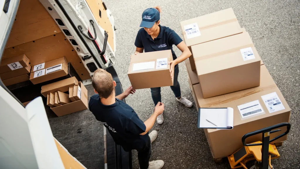 Two people getting ready to ship boxes with standard shipping