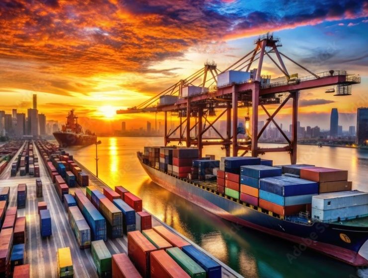 Freight containers stacked on a cargo ship at sunset, with cranes and port facilities in the background, highlighting global trade and transportation networks.