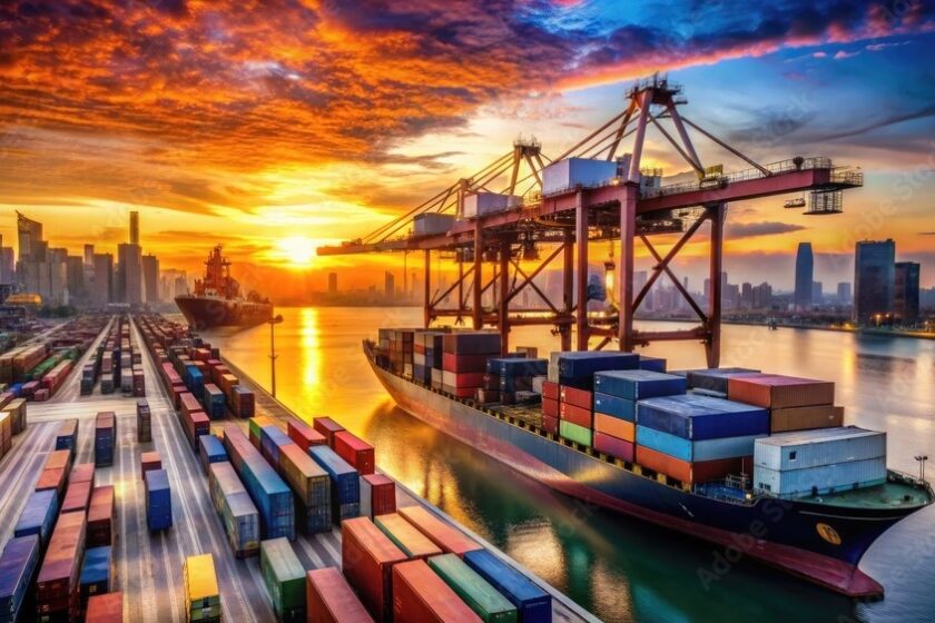 Freight containers stacked on a cargo ship at sunset, with cranes and port facilities in the background, highlighting global trade and transportation networks.