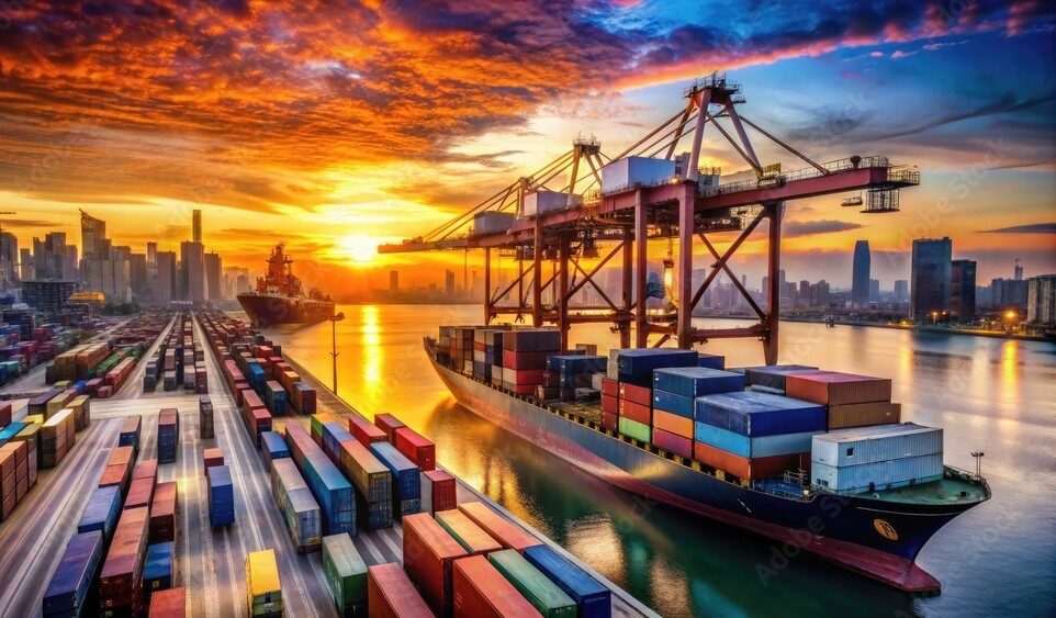 Freight containers stacked on a cargo ship at sunset, with cranes and port facilities in the background, highlighting global trade and transportation networks.