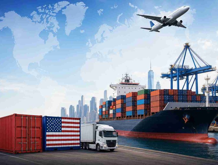 Shipping from China to USA featuring container ship, cargo containers, freight truck, and aircraft transporting goods through an international logistics network.