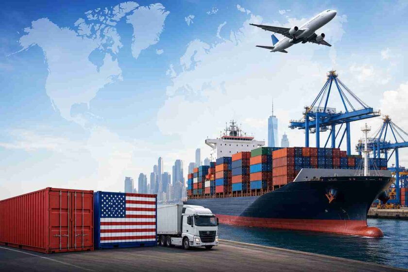 Shipping from China to USA featuring container ship, cargo containers, freight truck, and aircraft transporting goods through an international logistics network.