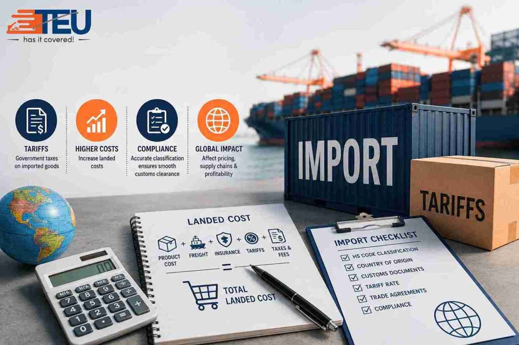 Import tariffs and landed cost calculation in global trade and shipping.