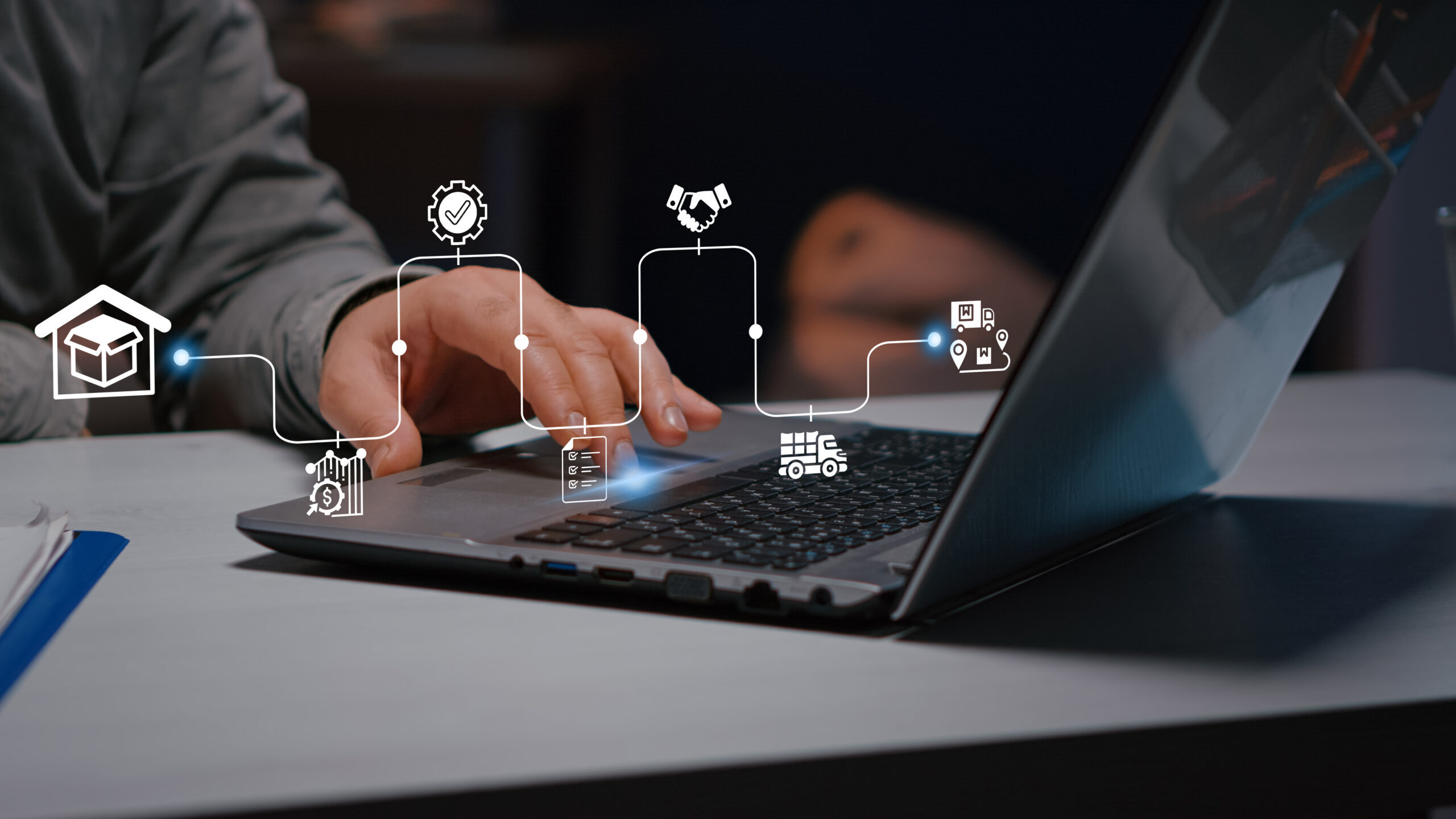 Digital procurement and supply chain management concept. Digital procurement process integrated with analytics, logistics, contracts, supply chain management. Business solution, Digital transformation