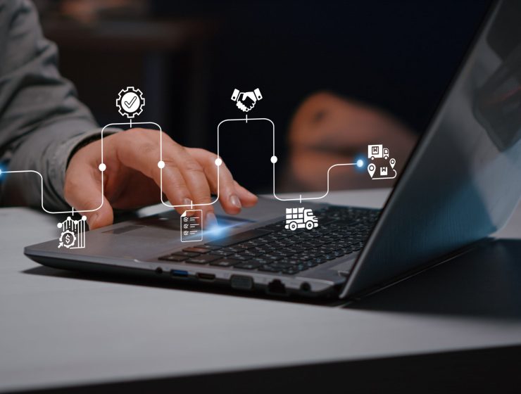 Digital procurement and supply chain management concept. Digital procurement process integrated with analytics, logistics, contracts, supply chain management. Business solution, Digital transformation