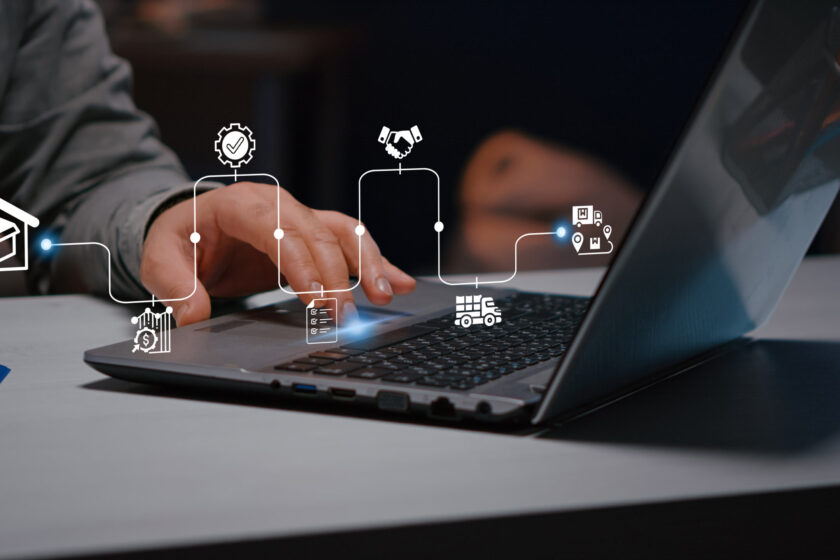 Digital procurement and supply chain management concept. Digital procurement process integrated with analytics, logistics, contracts, supply chain management. Business solution, Digital transformation