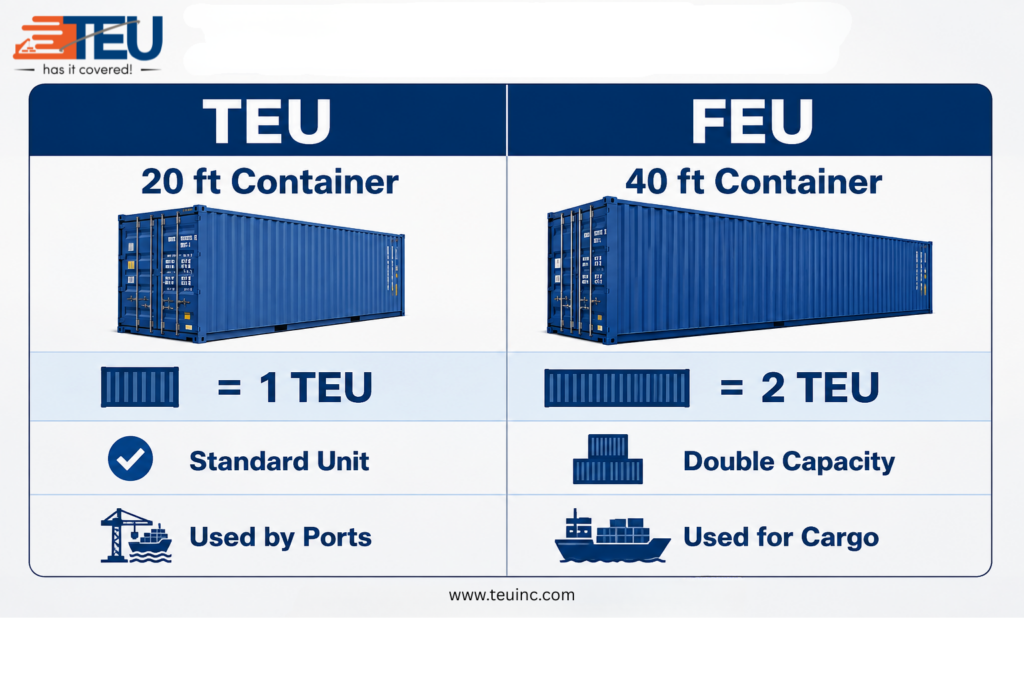 TEU vs FEU – A visual comparison of 20-foot and 40-foot shipping containers.