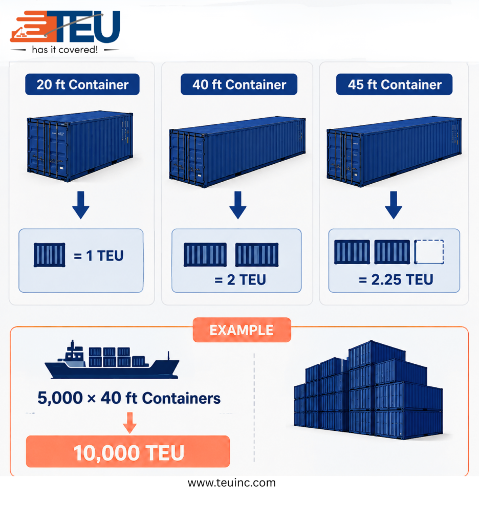 Infographic showing how TEU is calculated using 20-foot, 40-foot, and 45-foot shipping containers.