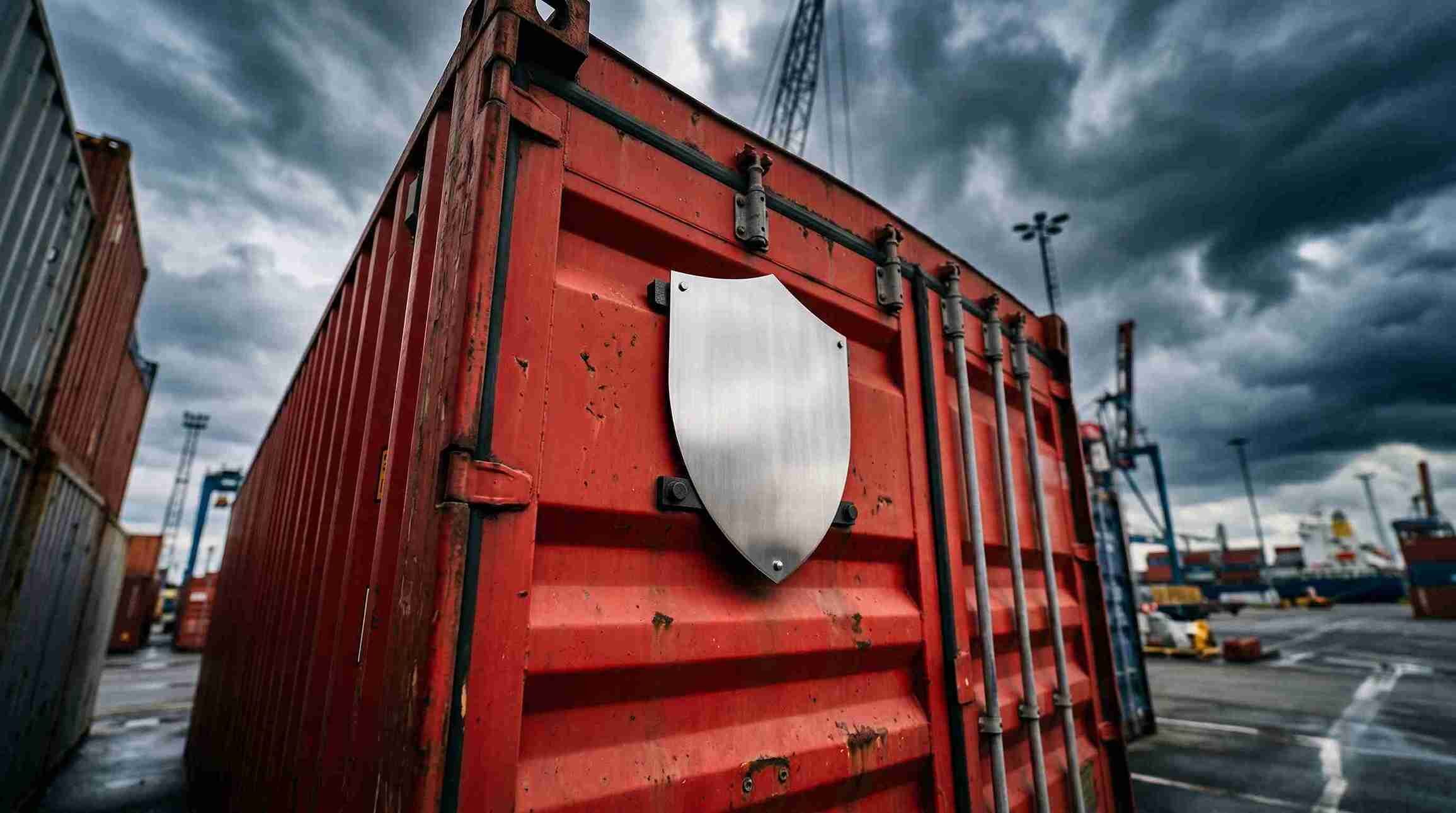 Shipping container stands in a port with a shield emblem