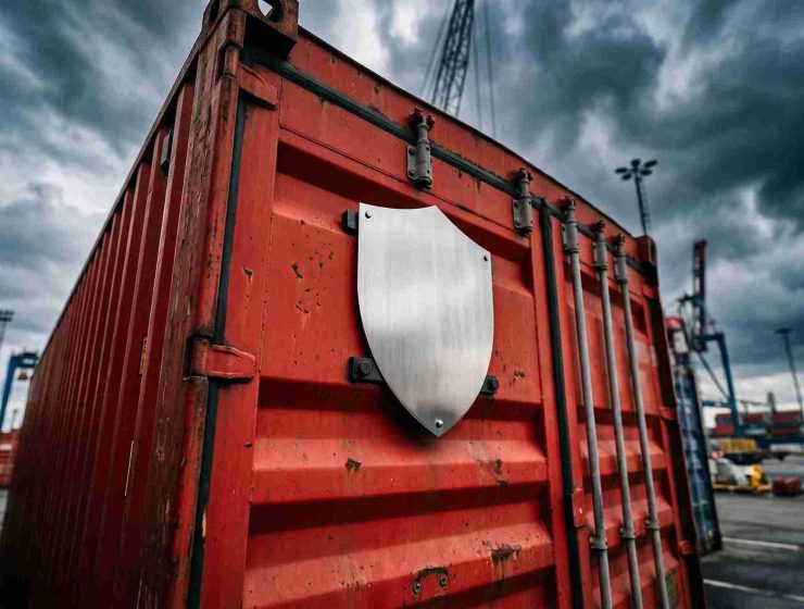 Shipping container stands in a port with a shield emblem