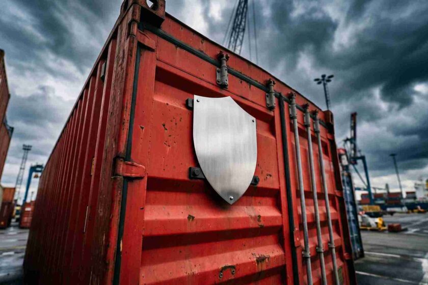Shipping container stands in a port with a shield emblem