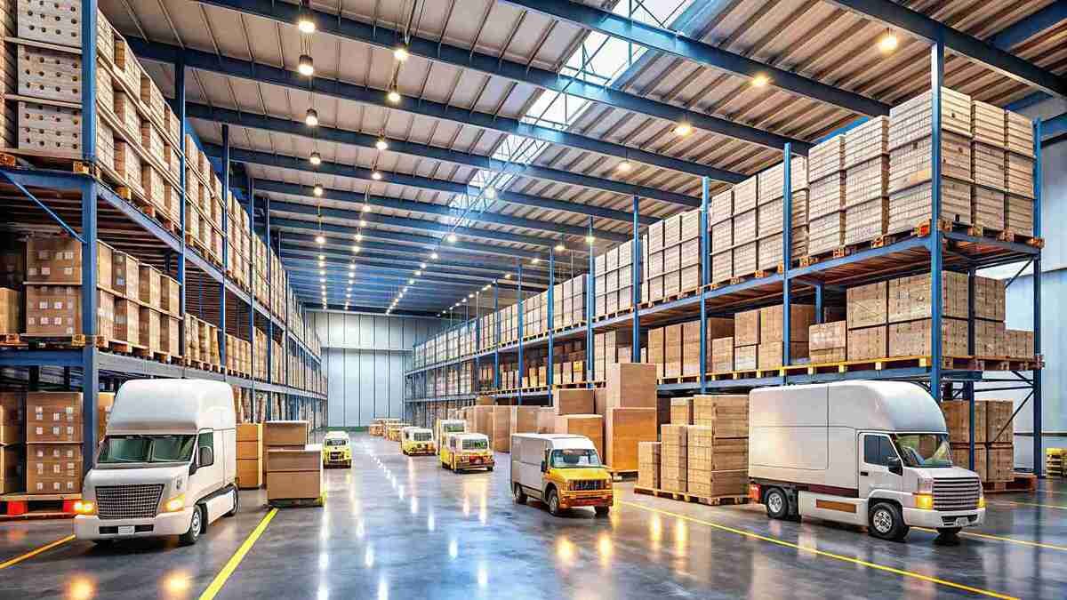 Transloading warehouse with trucks and freight cargo ready for transfer