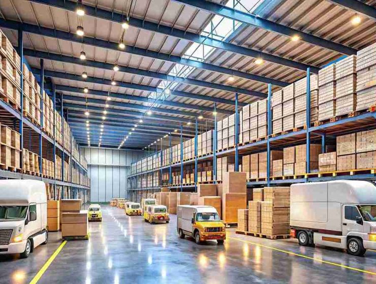 Transloading warehouse with trucks and freight cargo ready for transfer