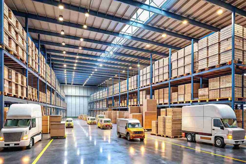 Transloading warehouse with trucks and freight cargo ready for transfer