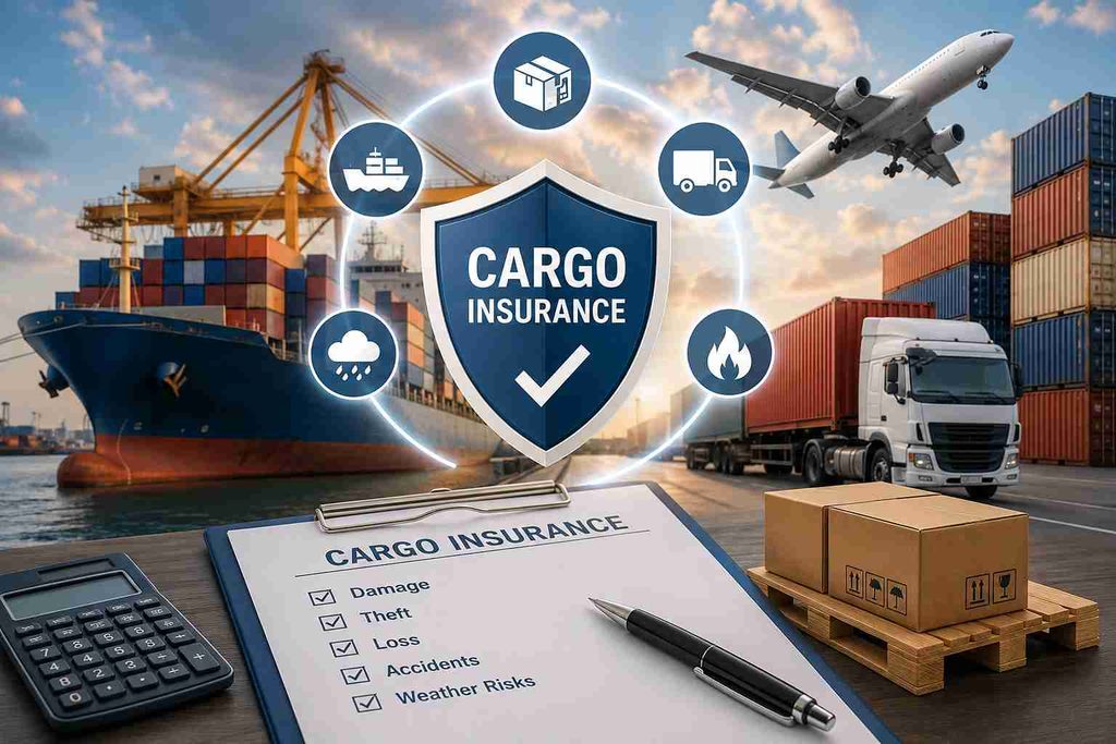 Alt text: Cargo insurance protecting international cargo during transportation.
