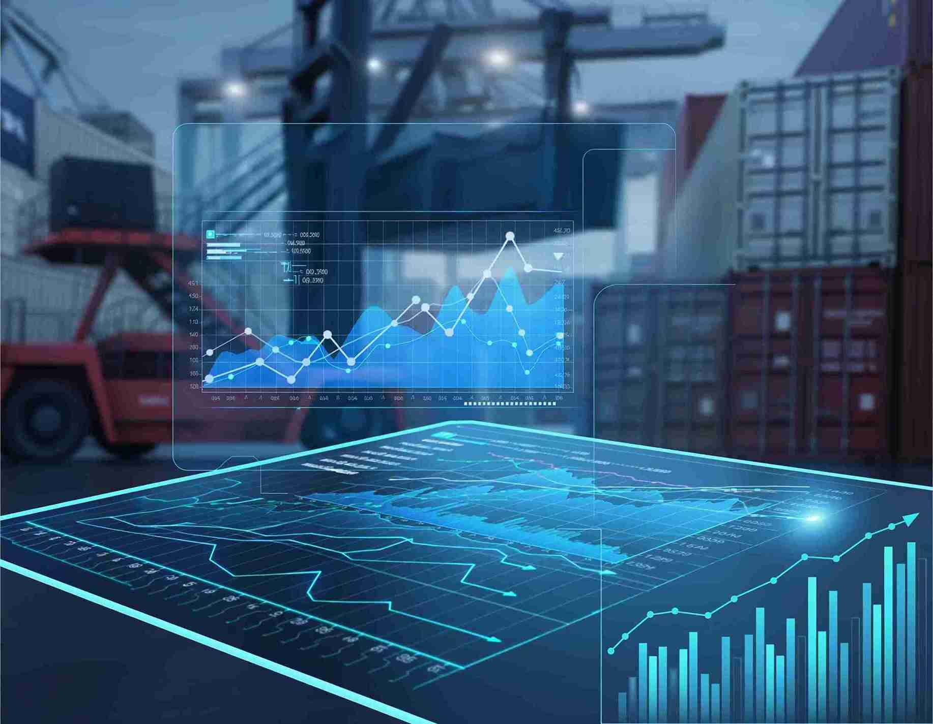 Freight forwarding cost analysis with shipping containers and logistics charts.