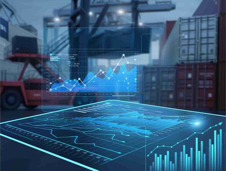 Freight forwarding cost analysis with shipping containers and logistics charts.