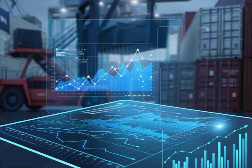 Freight forwarding cost analysis with shipping containers and logistics charts.