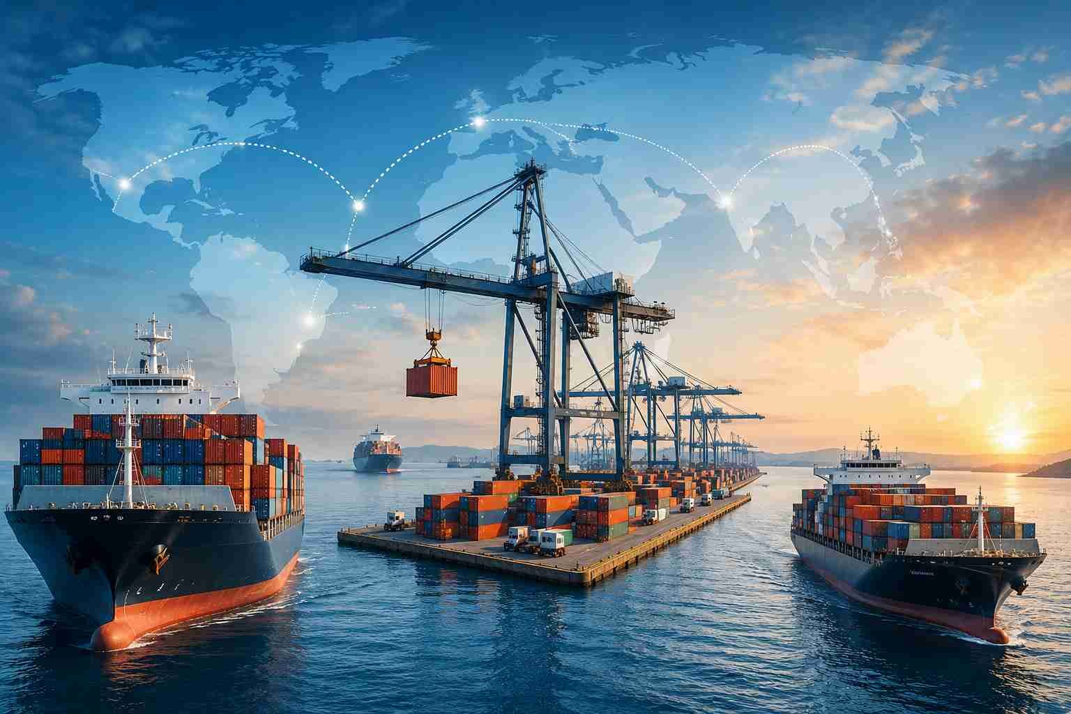 Container ships at a busy transshipment port.
