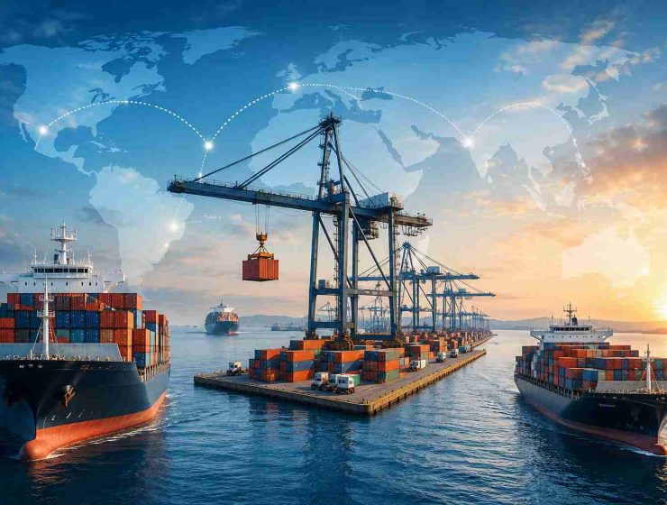 Container ships at a busy transshipment port.