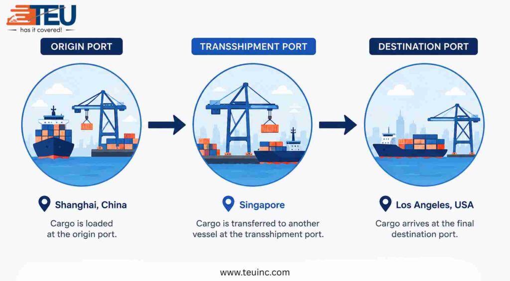 Origin port to transshipment port to destination.