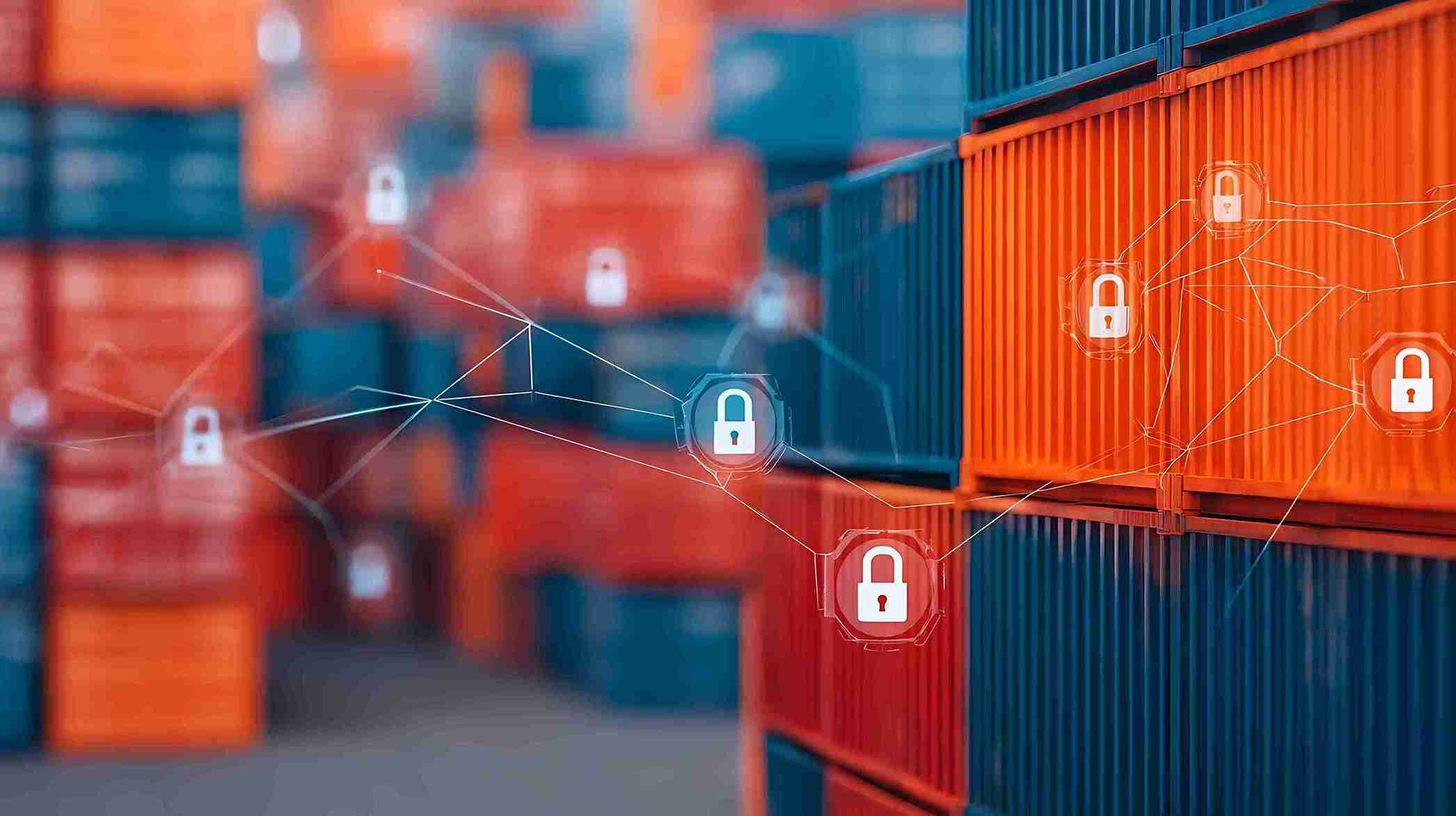 CTPAT supply chain security with secured shipping containers and digital lock icons