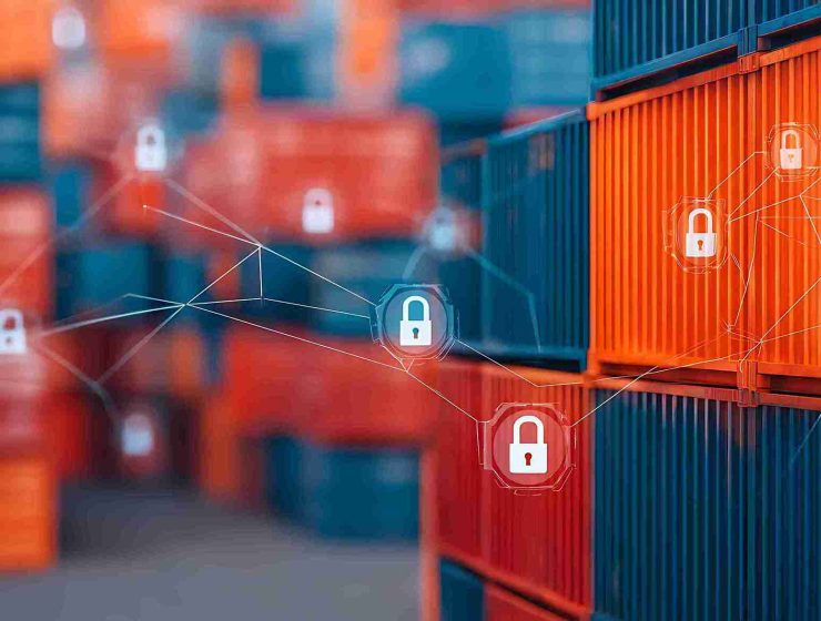 CTPAT supply chain security with secured shipping containers and digital lock icons
