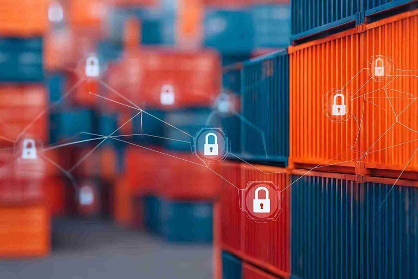 CTPAT supply chain security with secured shipping containers and digital lock icons