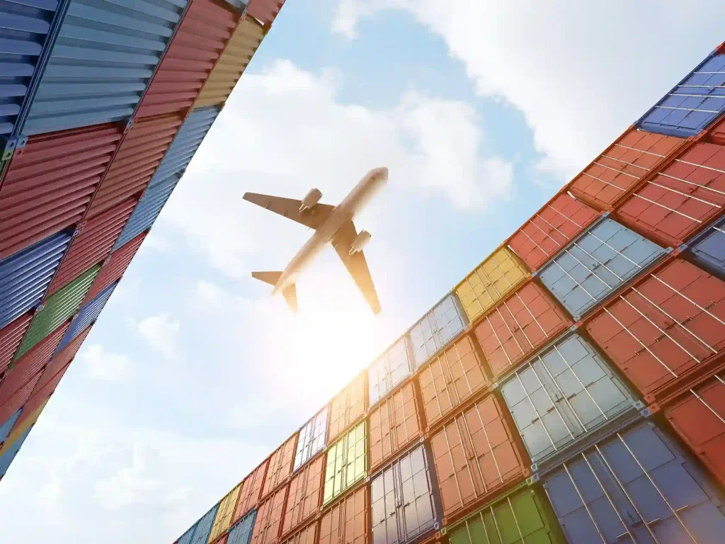 Air freight shipping with cargo containers and airplane