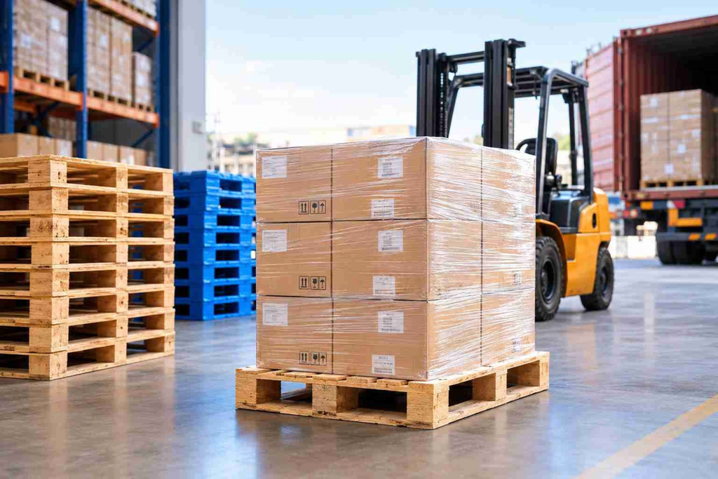 Shipping pallet with palletized freight in warehouse