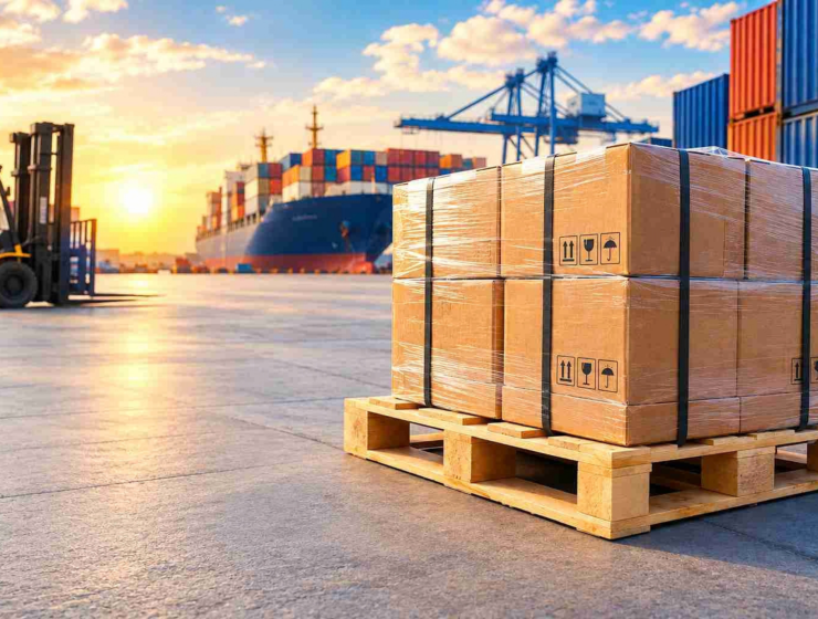Pallet of boxes at a shipping port.