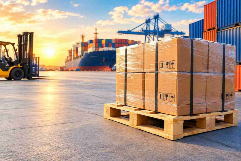 Pallet of boxes at a shipping port.