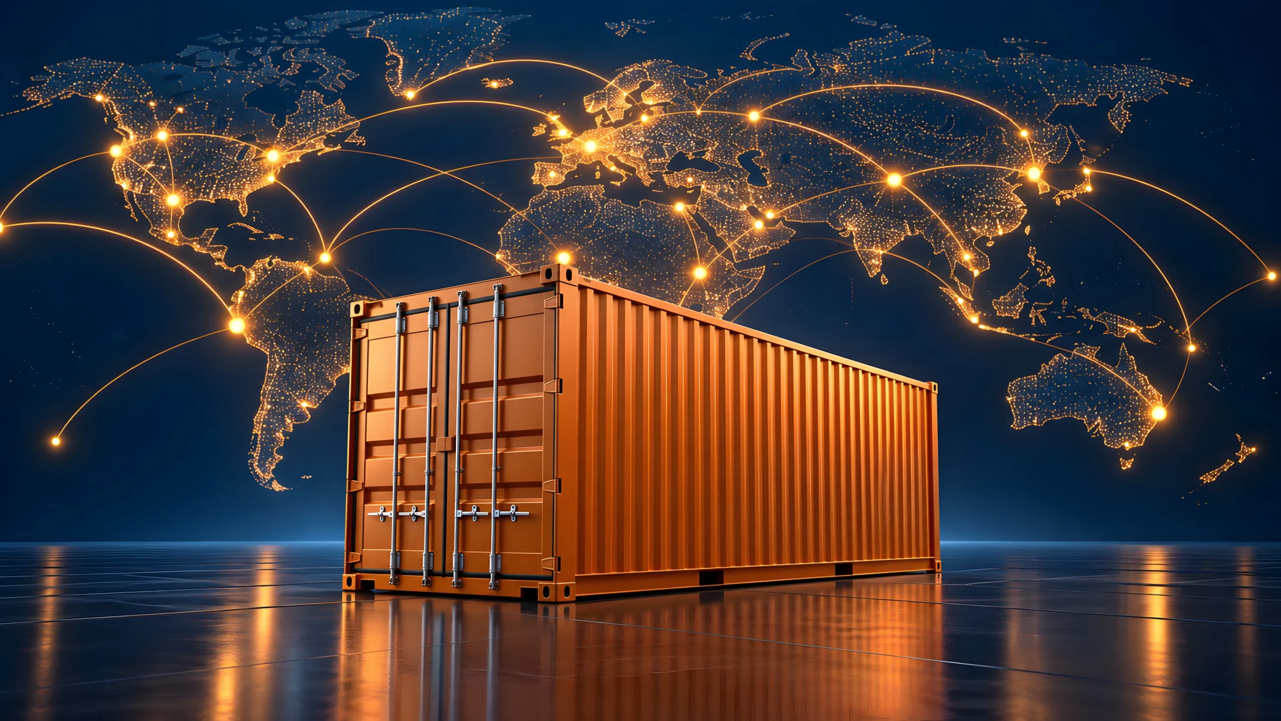 Global shipping container on world map