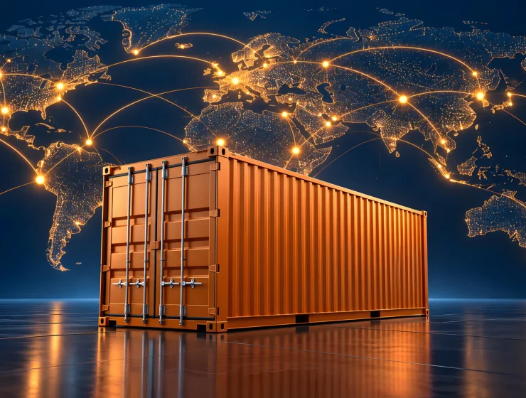 Global shipping container on world map