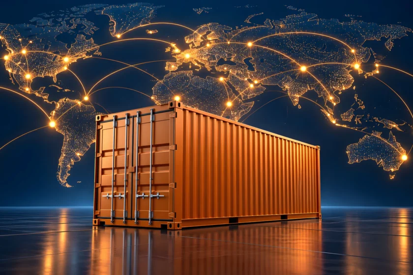 Global shipping container on world map