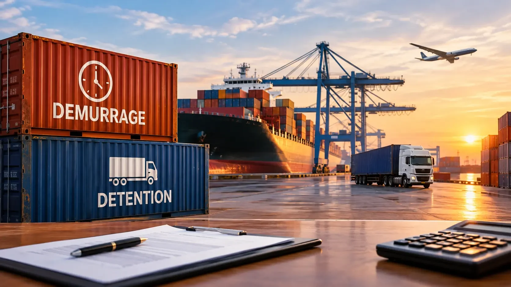 Demurrage and detention charges at a container port with shipping containers, cargo ship, and truck.