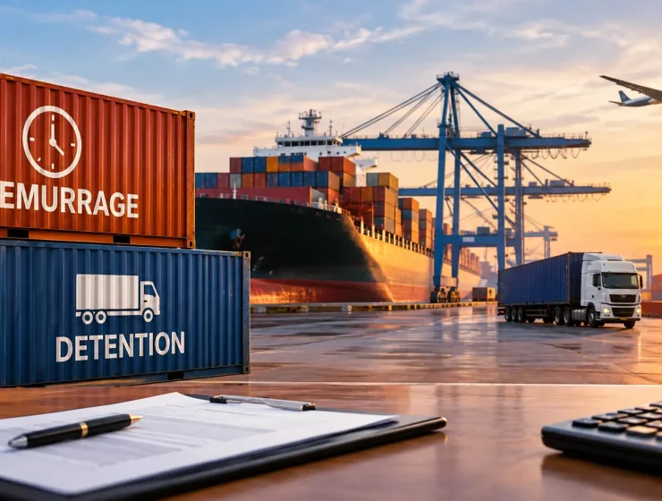 Demurrage and detention charges at a container port with shipping containers, cargo ship, and truck.