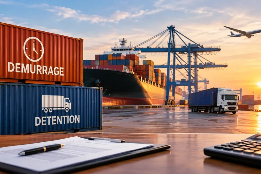 Demurrage and detention charges at a container port with shipping containers, cargo ship, and truck.