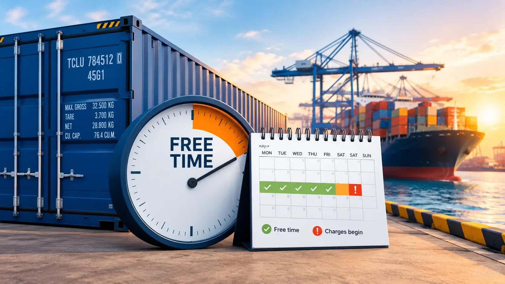 Free time in shipping container and countdown clock.