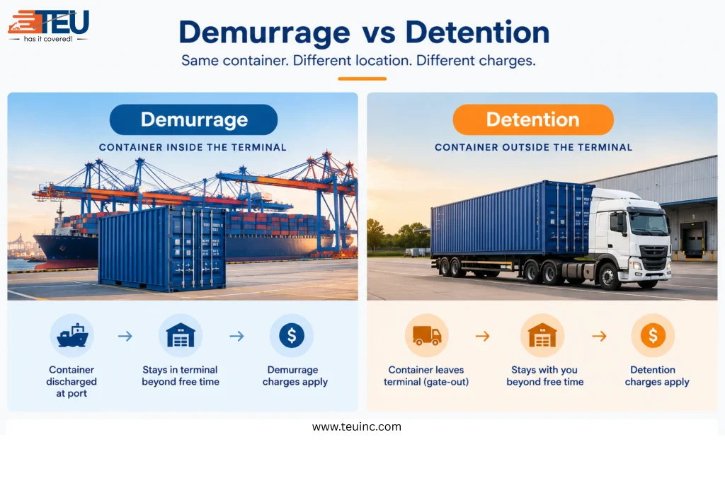 Demurrage vs detention charges showing container inside and outside the terminal